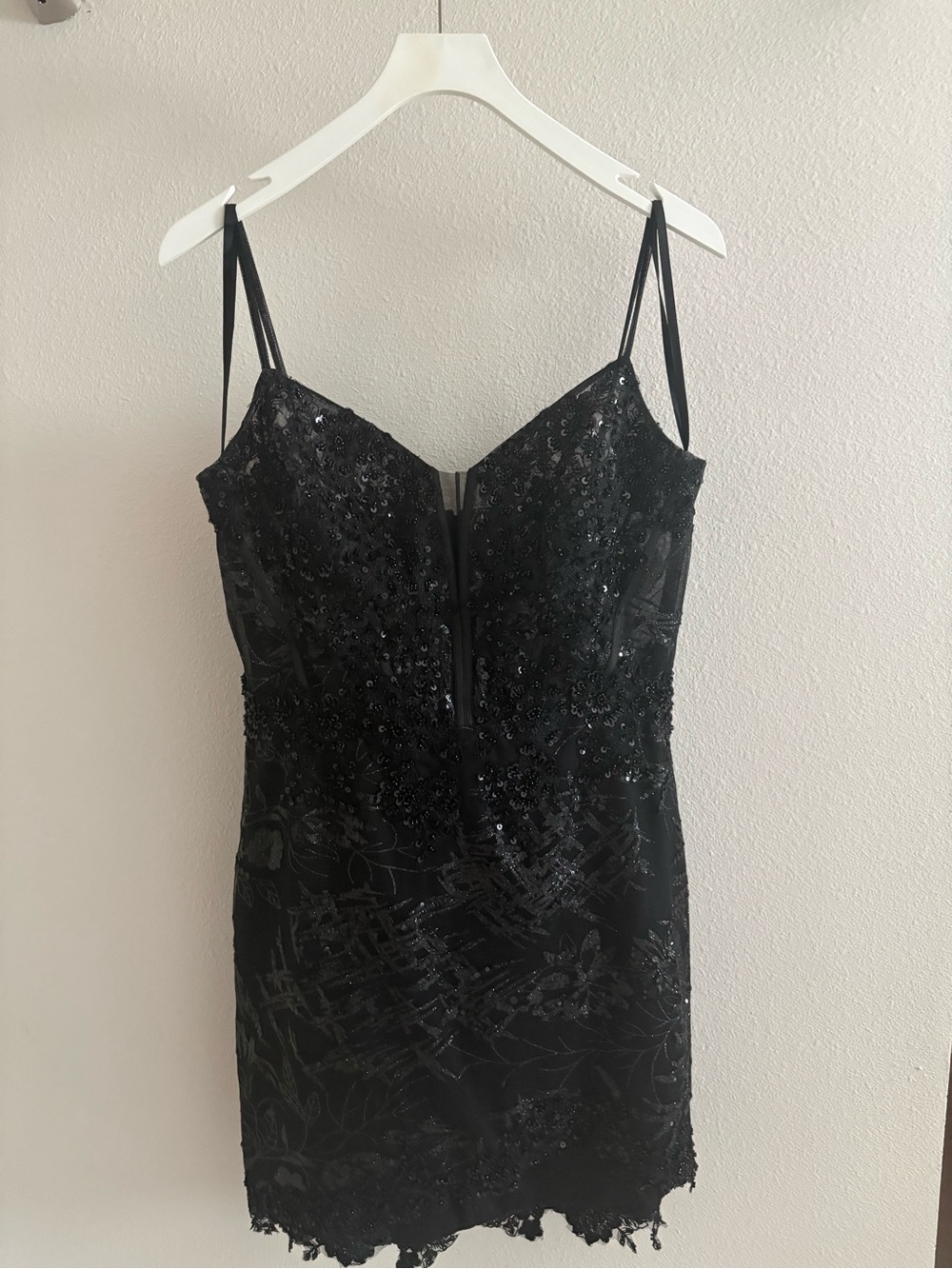Black Beaded Lace Mini Dress with Spaghetti Straps